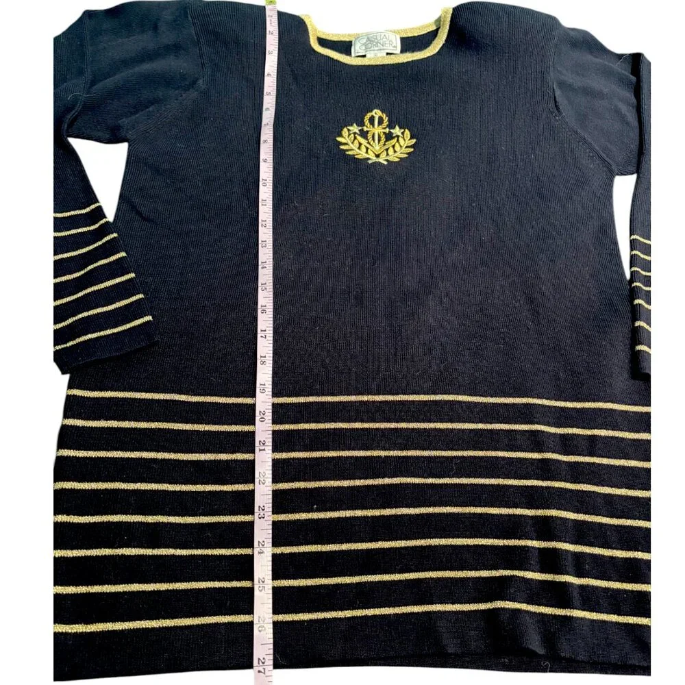 Casual Corner Vintage Nautical Anchor Crest Sweater Black Gold Metallic Womens M